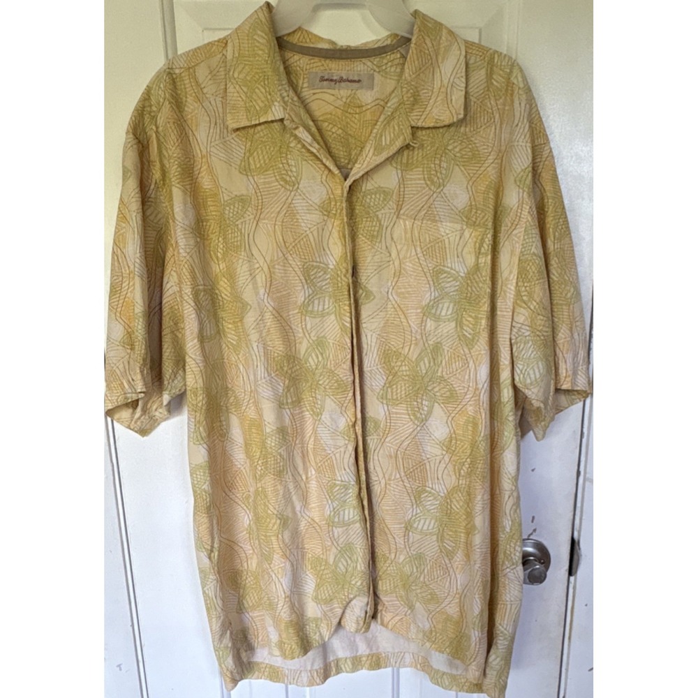 Tommy Bahama Yellow Green Floral Silk Cotton Short Sleeve ButtonUp Shirt L *read